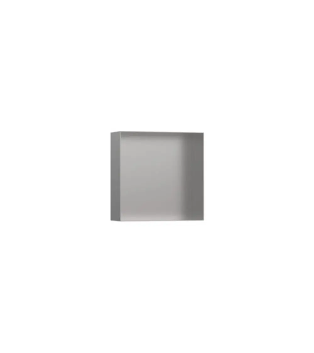 Wandnische aus Edelstahl mit gebürsteter Oberfläche, rahmenlos gestaltet. Produkt von Hansgrohe, geeignet für die Integration in Wandkonstruktionen.